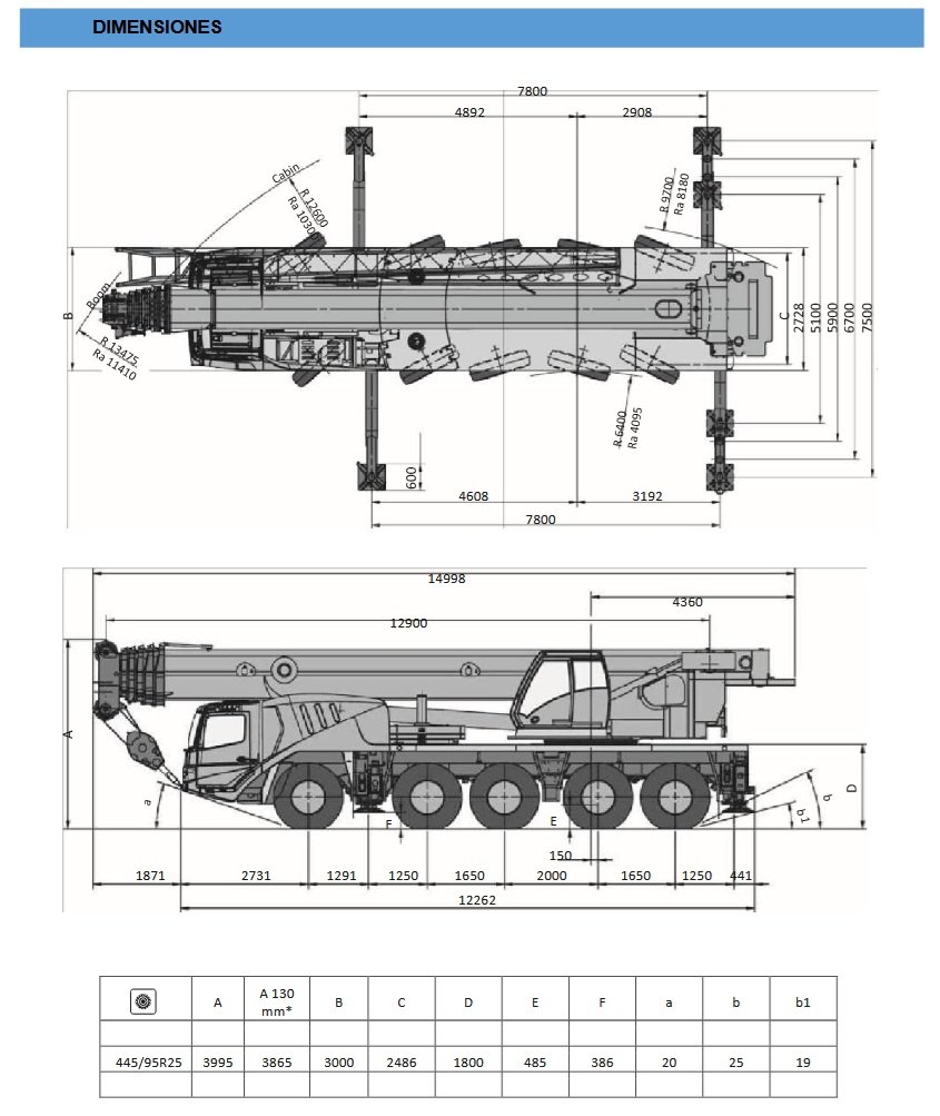 Diagrama de dimensiones de la grúa móvil con vistas superior y lateral. Muestra las cotas de transporte (largo, ancho, alto), la base de apoyo y los radios de giro operativos.
