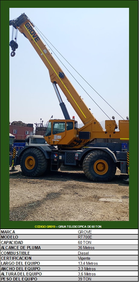 CODIGO GR019 – GRUA TELESCOPICA DE 60 TON